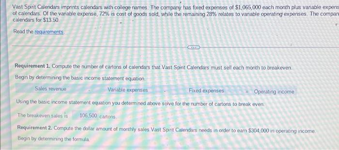 Compute the number of cartons of calendars that Vast Spirit Calendars must