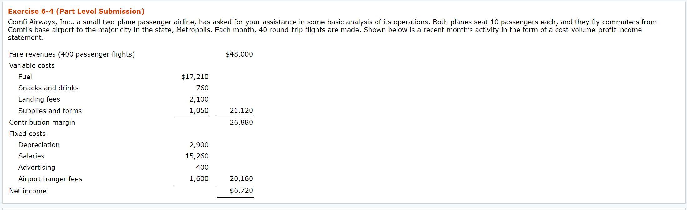 Exercise 6-4 (Part Level Submission) Comfi Airways, Inc., a small two-plane passenger