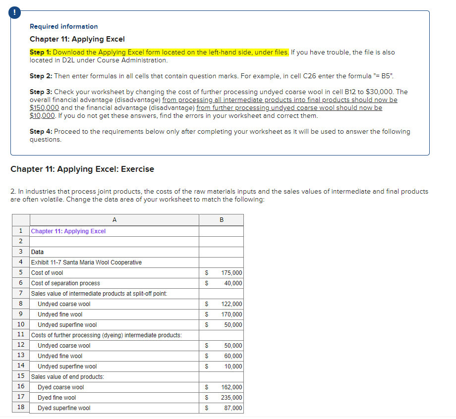  Required information Chapter 11: Applying Excel Step 1: Download the Applying