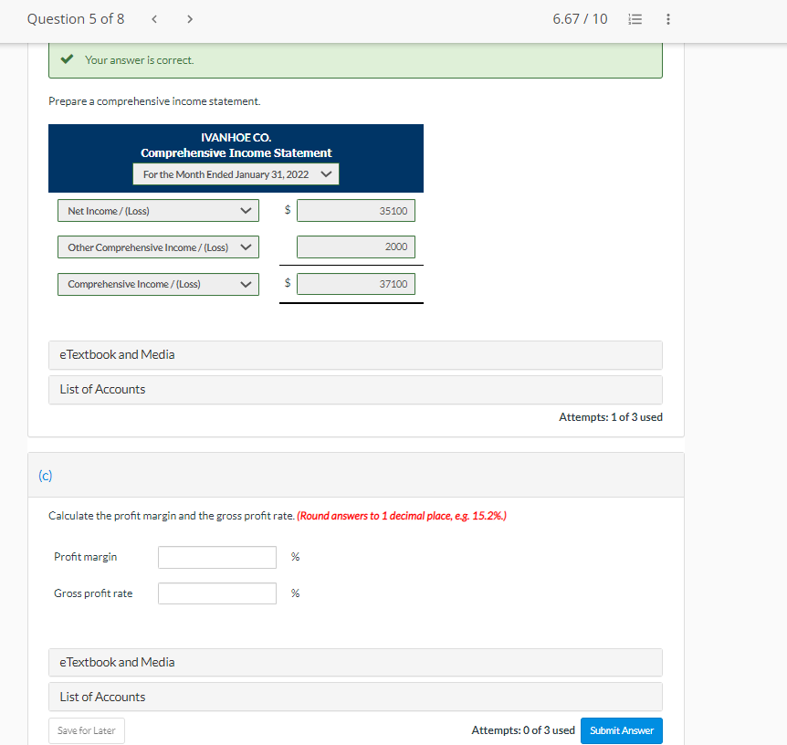 Question 5 of 8 6.67/10 For the Month Ended January 31, 2022