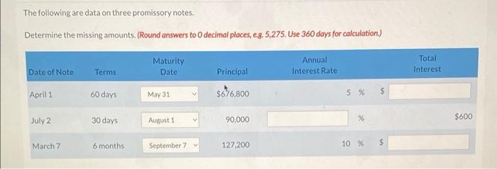  The following are data on three promissory notes. Determine the missing