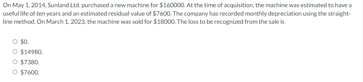  On May 1,2014, Sunland Ltd. purchased a new machine for $160000.At