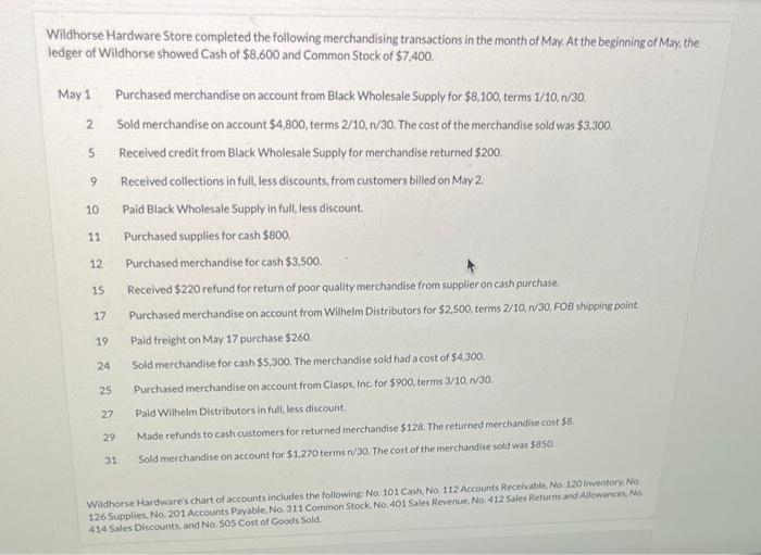 journalize with perpetual inventory system please Wildhorse Hardware Store completed the following
