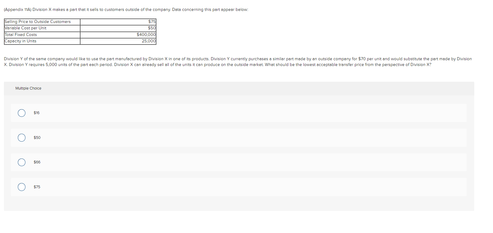 Appendix 11A) Division X makes a part that it sells to customers