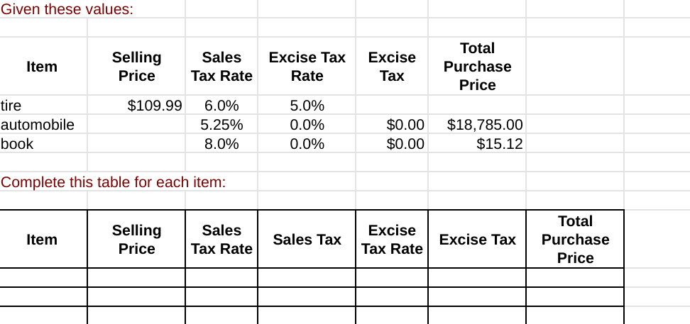  Please use excel format. Given these values: Selling Sales Item Price