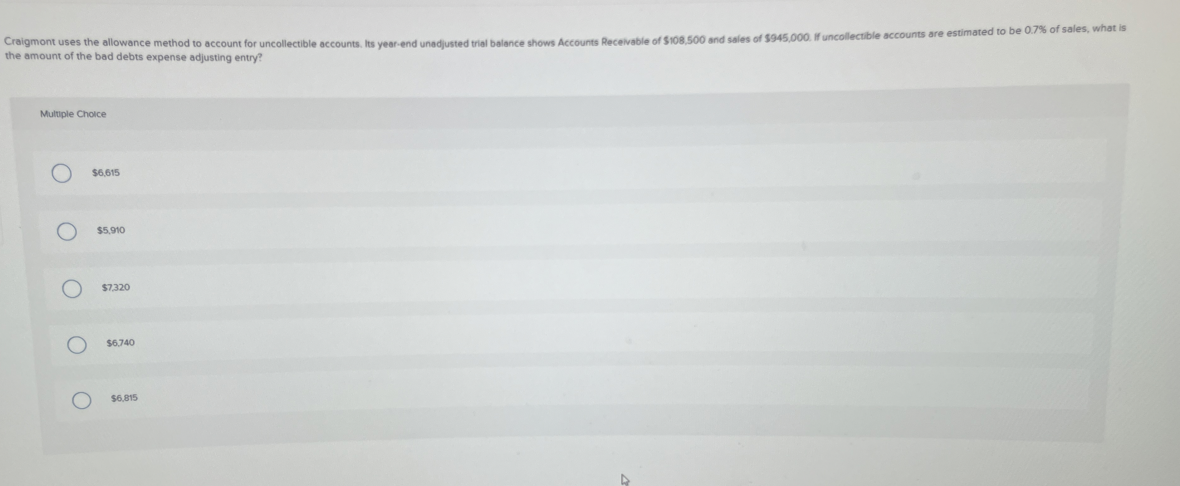  the amount of the bad debts expense adjusting entry? Multuple Choice