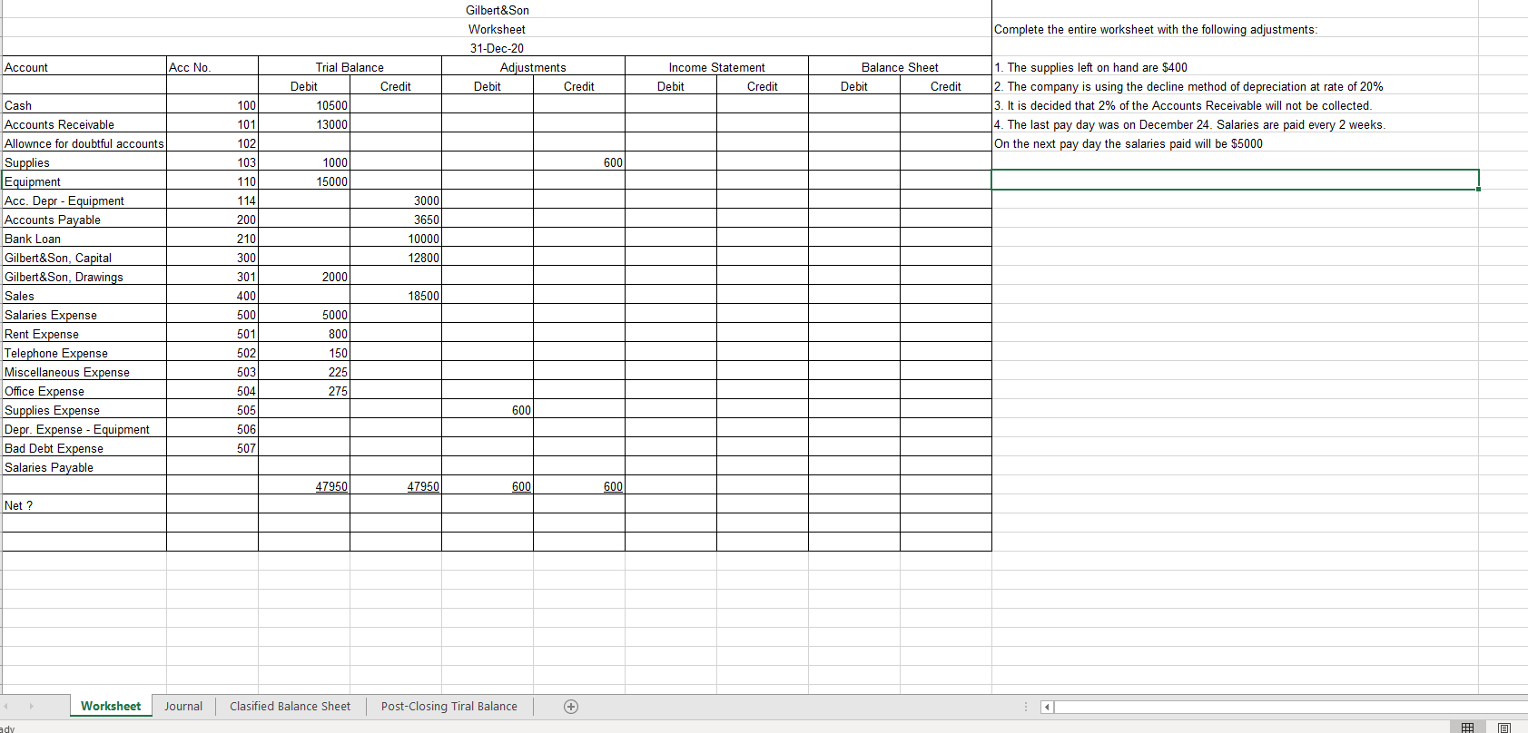I need help with this assignment involving the worksheet, Journal, Classified Balance