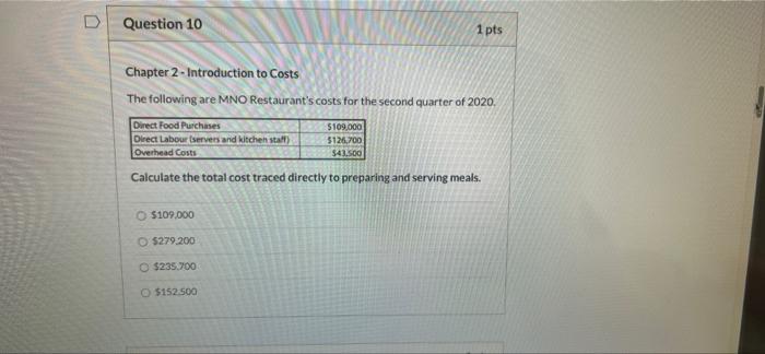  please answer this Question 10 1pts Chapter 2- Introduction to Costs