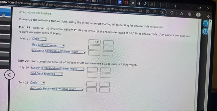 help Direct Write-Off Method Journalize the following transactions, using the direct write-off