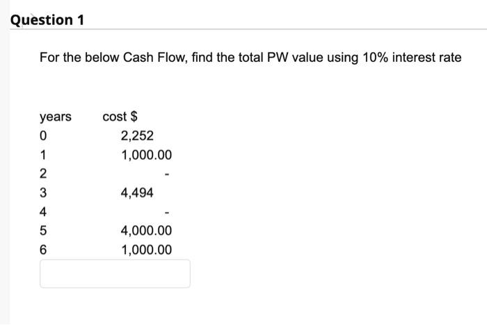 check Question 1 For the below Cash Flow, find the total PW