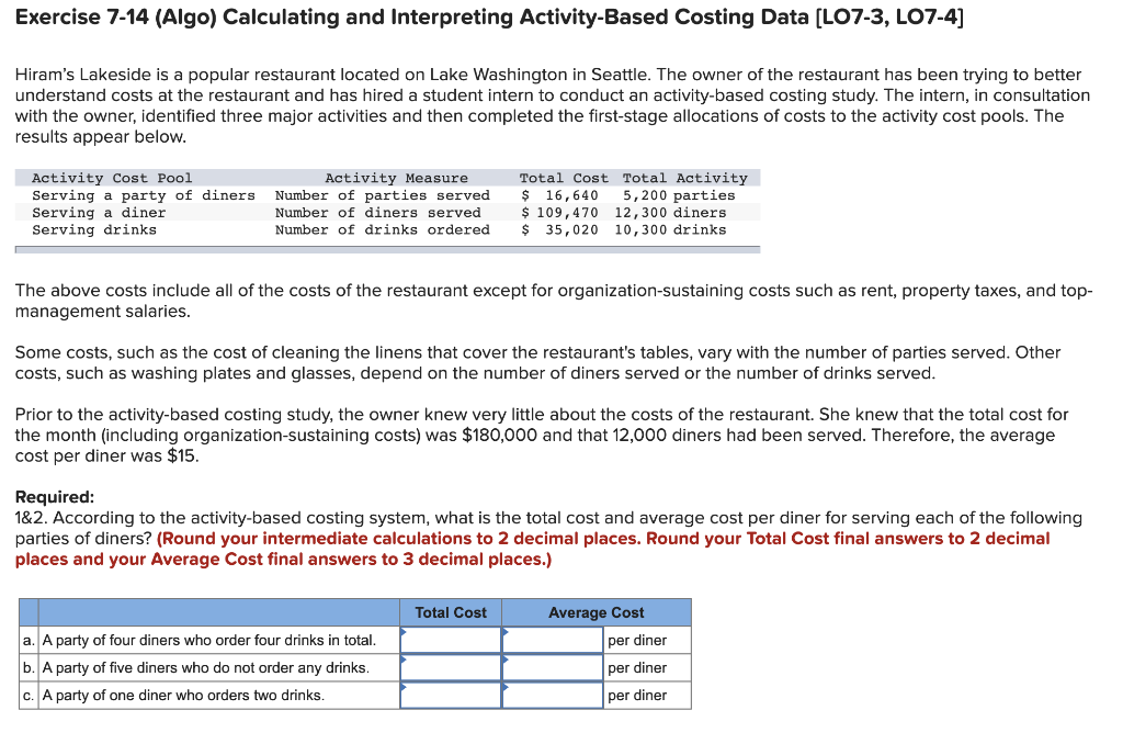  Exercise 7-14 (Algo) Calculating and Interpreting Activity-Based Costing Data (L07-3, LO7-4]