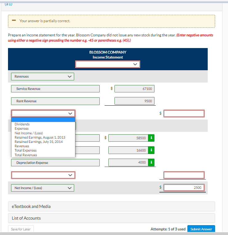 statement items are for Blossom Company at year-end, July 31,2022. (a1) -