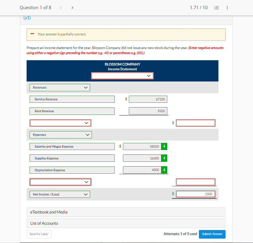 or parentheses e.g. (45).) Attempts: 1 of 3 used Prepare an income