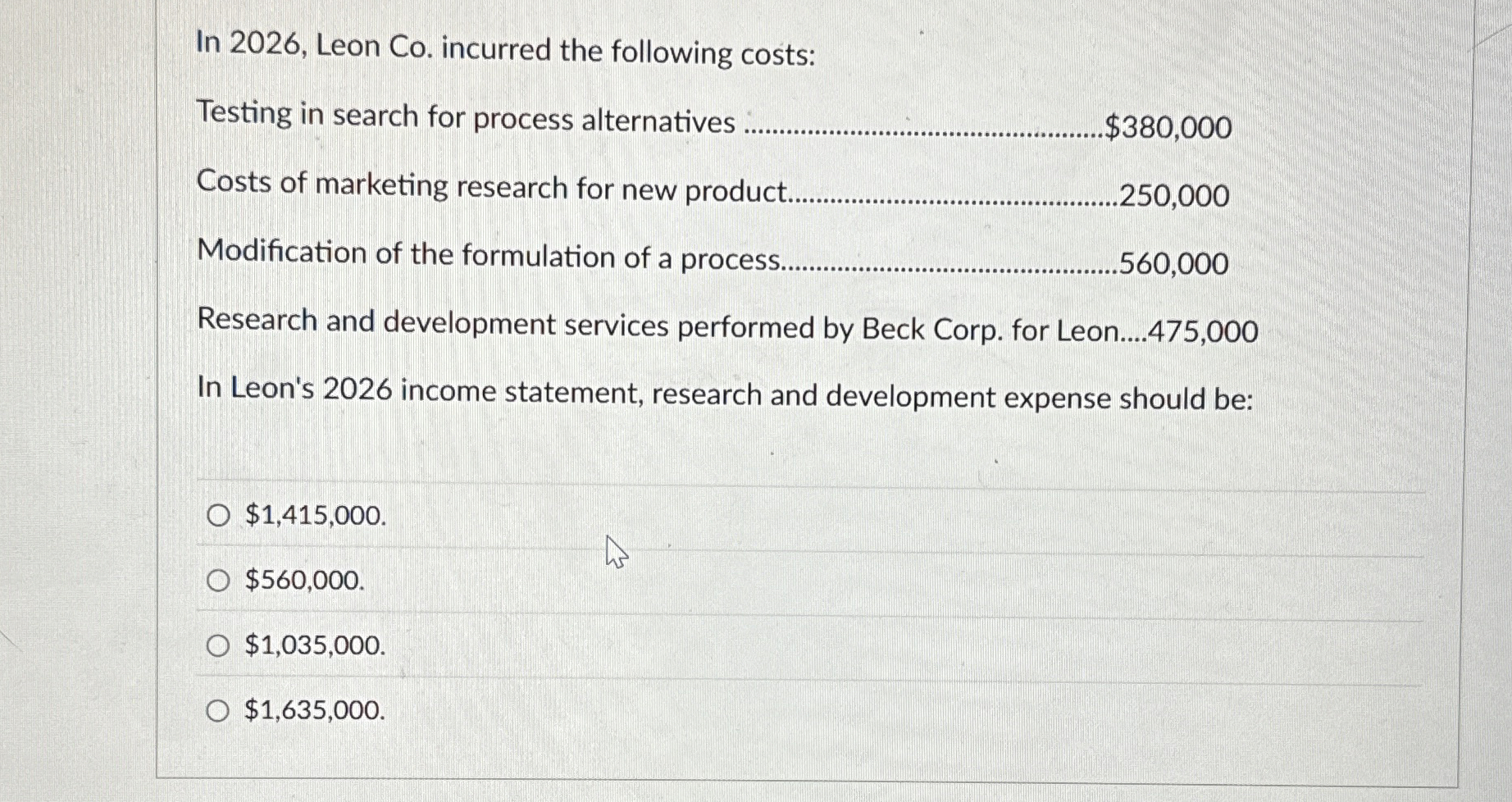  In 2026, Leon Co. incurred the following costs: Testing in search