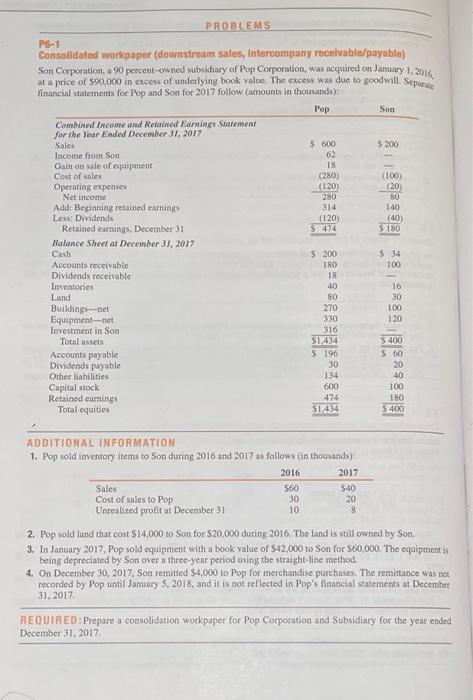 please show clean work PROBLEMS PG-1 Consolidated workpaper (downstream sales, Intercompany receivabla/payable)