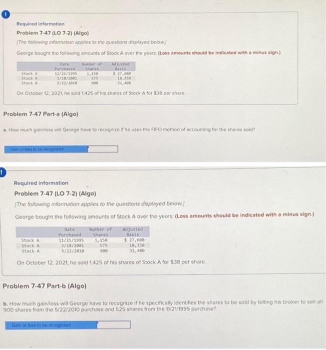 please make the answer visible. thanks Required information Problem 7.47 (LO 7.2)