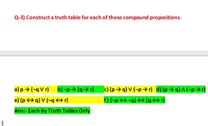  Q-3) Construct a truth table for each of these compound propositions.