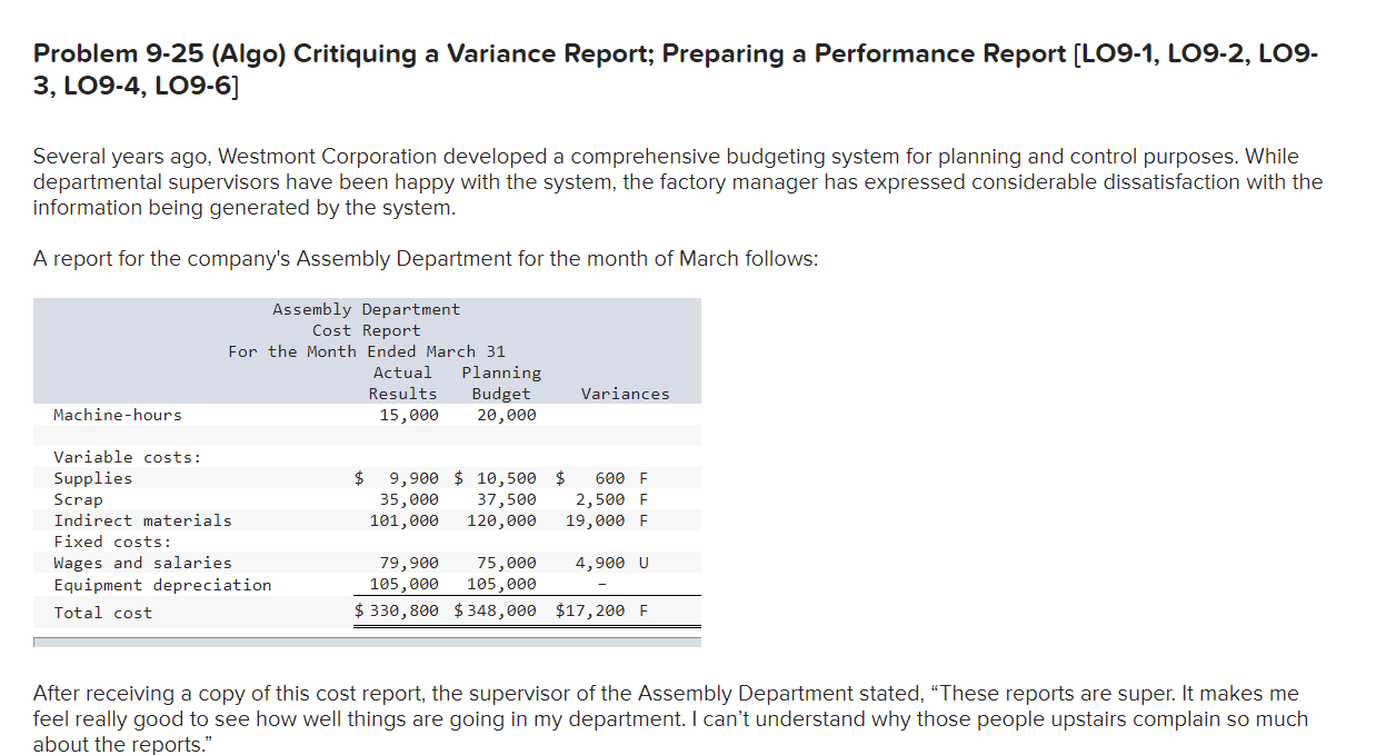 Problem 9-25 (Algo) Critiquing a Variance Report; Preparing a Performance Report [LO9-1,