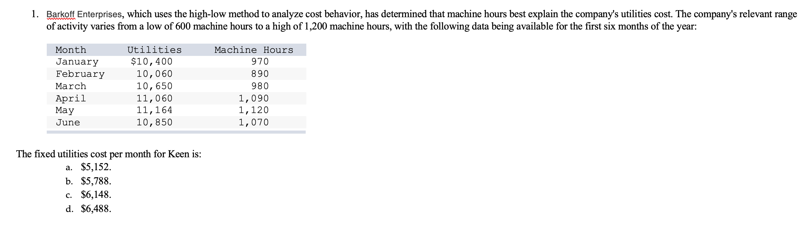 a, b, c, or d 1. Barkoff Enterprises, which uses the high-low