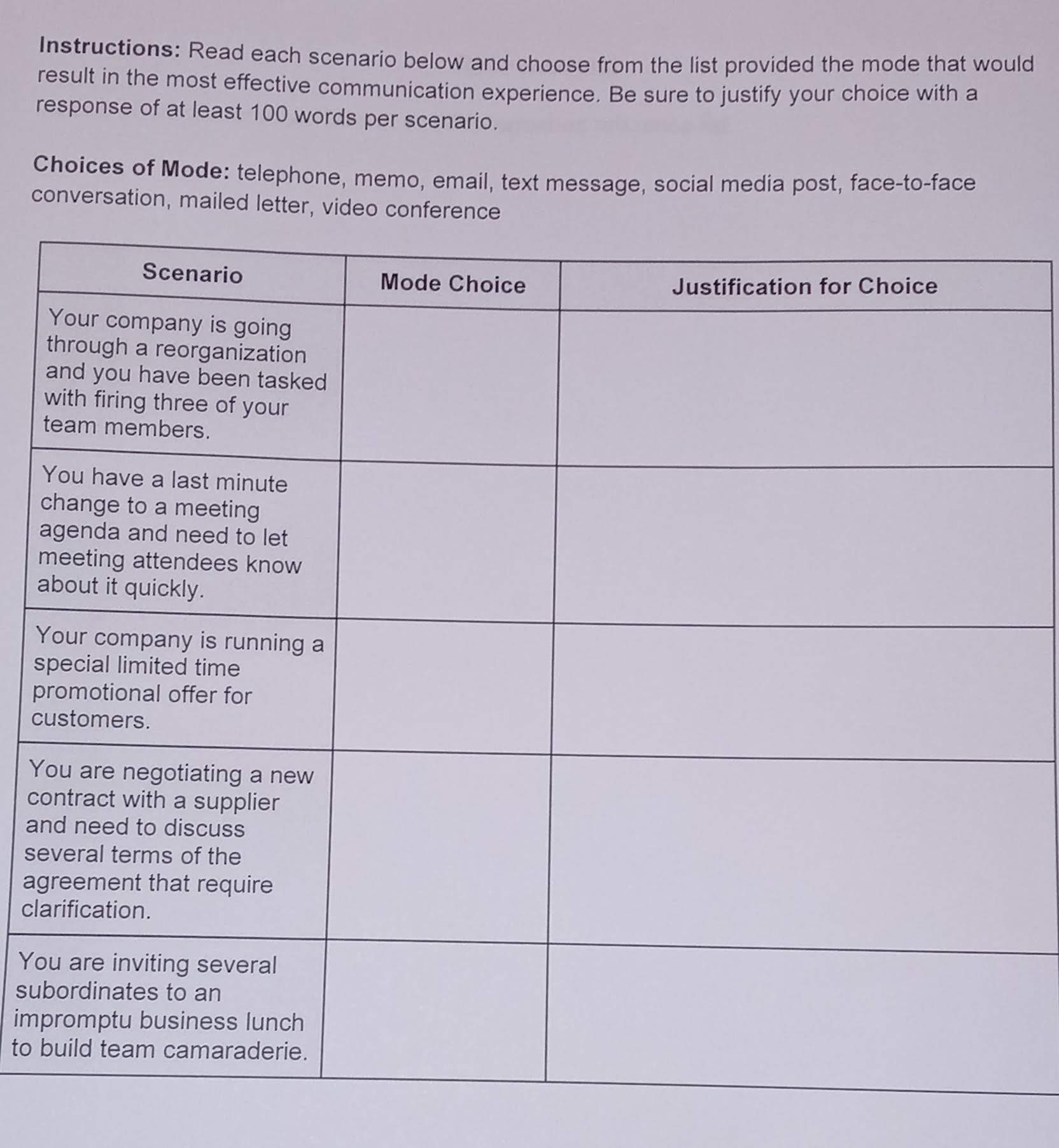  Instructions: Read each scenario below and choose from the list provided