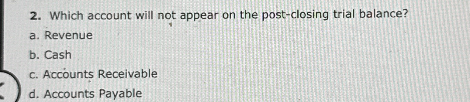  Which account will not appear on the post-closing trial balance? a.