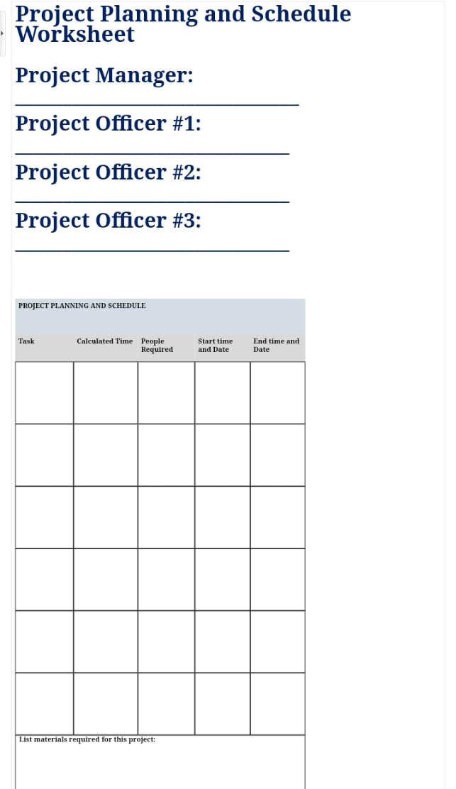 project planning Project Planning and Schedule Worksheet Project Manager: Project Officer #1: