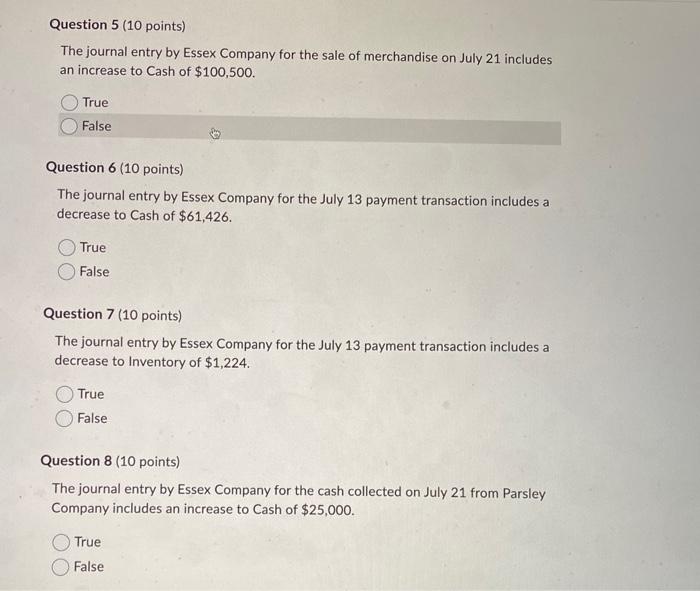 The following were selected from among the transactions completed by Essex Company