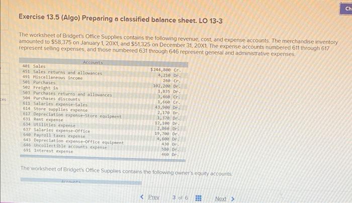 please help fill out the balance sheet! Ch Exercise 13.5 (Algo) Preparing