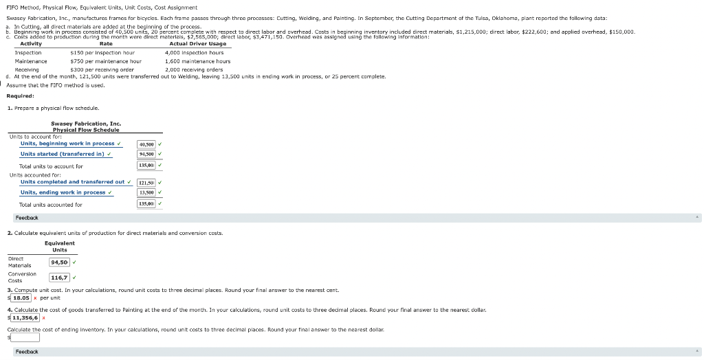FIFO Method, Physical Flow, Equivalent Units, Unit Costs, Cost Assignment Swasey
