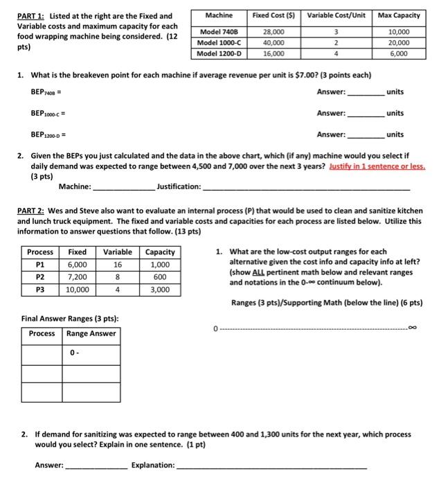 please answer part 1 and part 2 Machine Fixed Cost ($) Variable