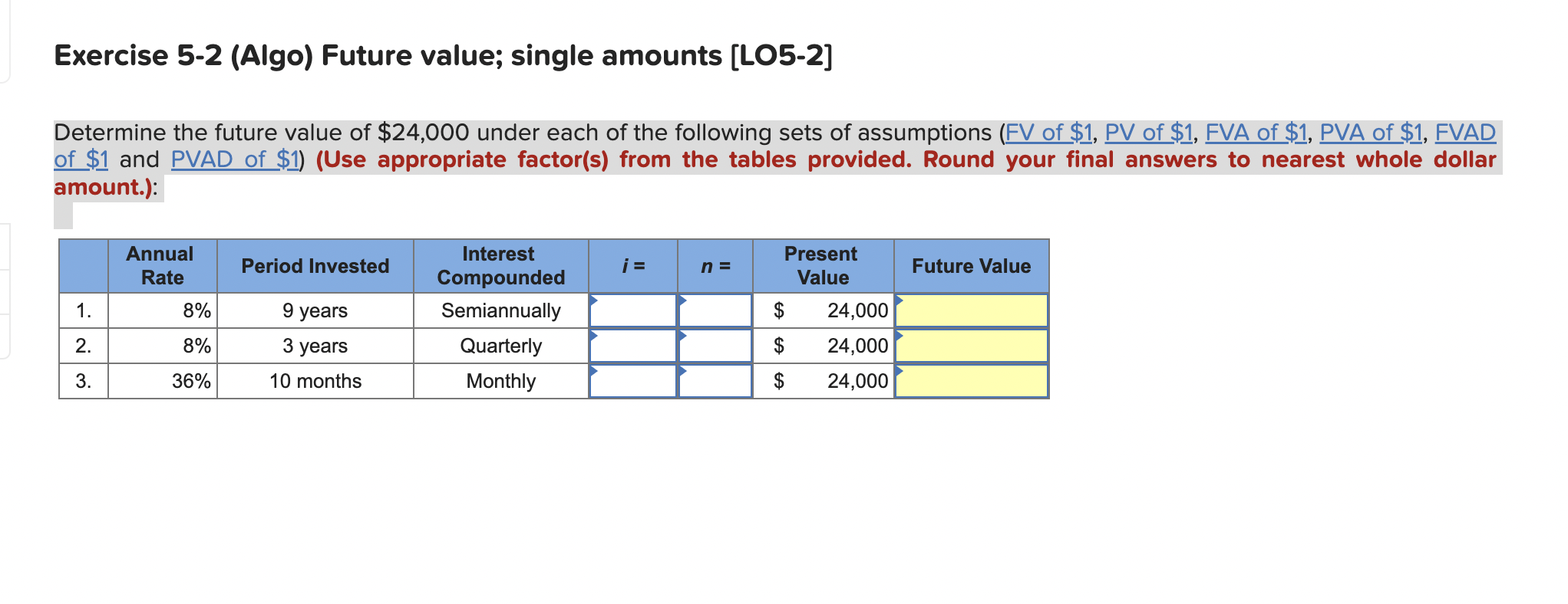  Exercise 5-2 (Algo) Future value; single amounts [LO5-2] Determine the future