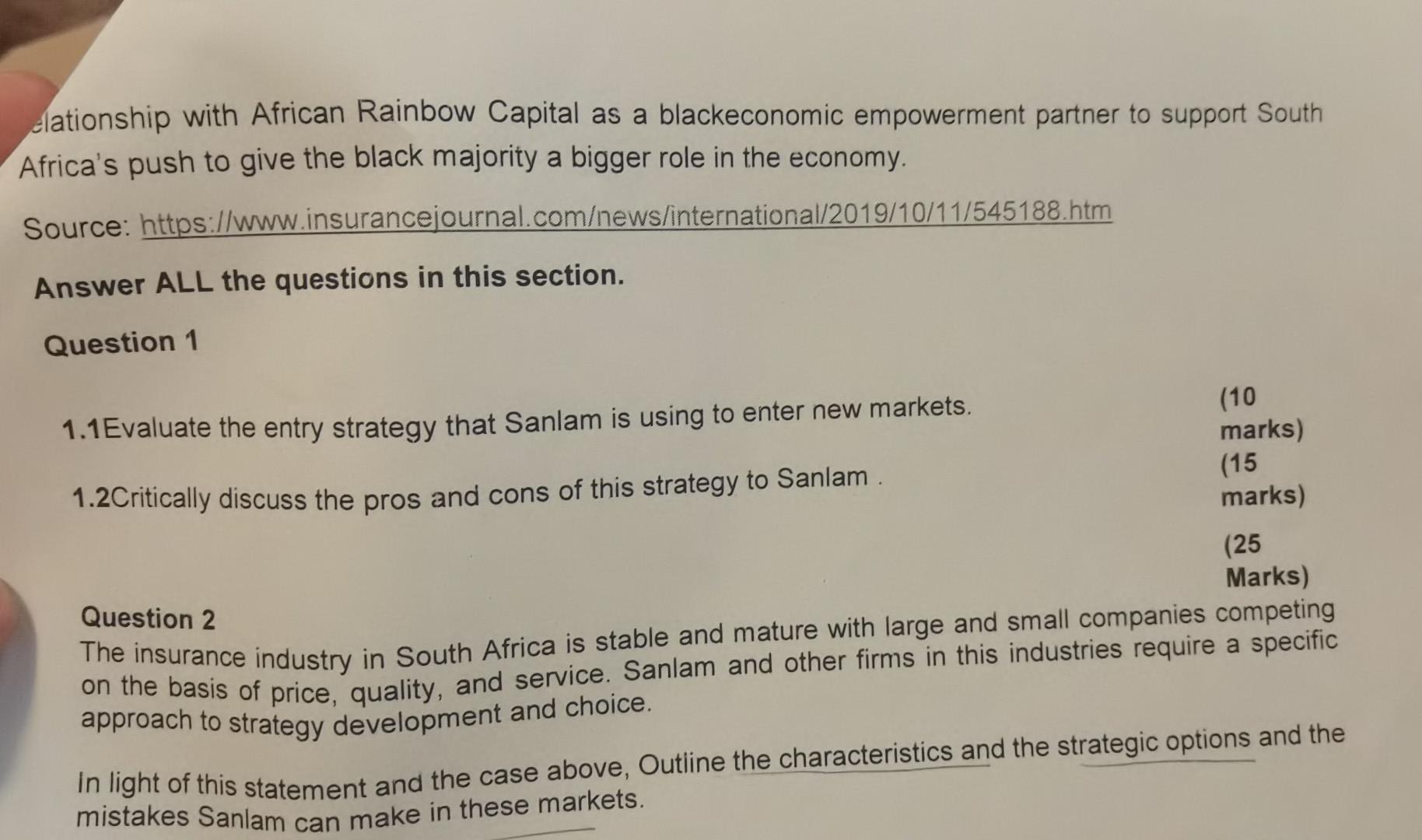 case below and answer the questions that follow. Sanlam Africa's largest insurer