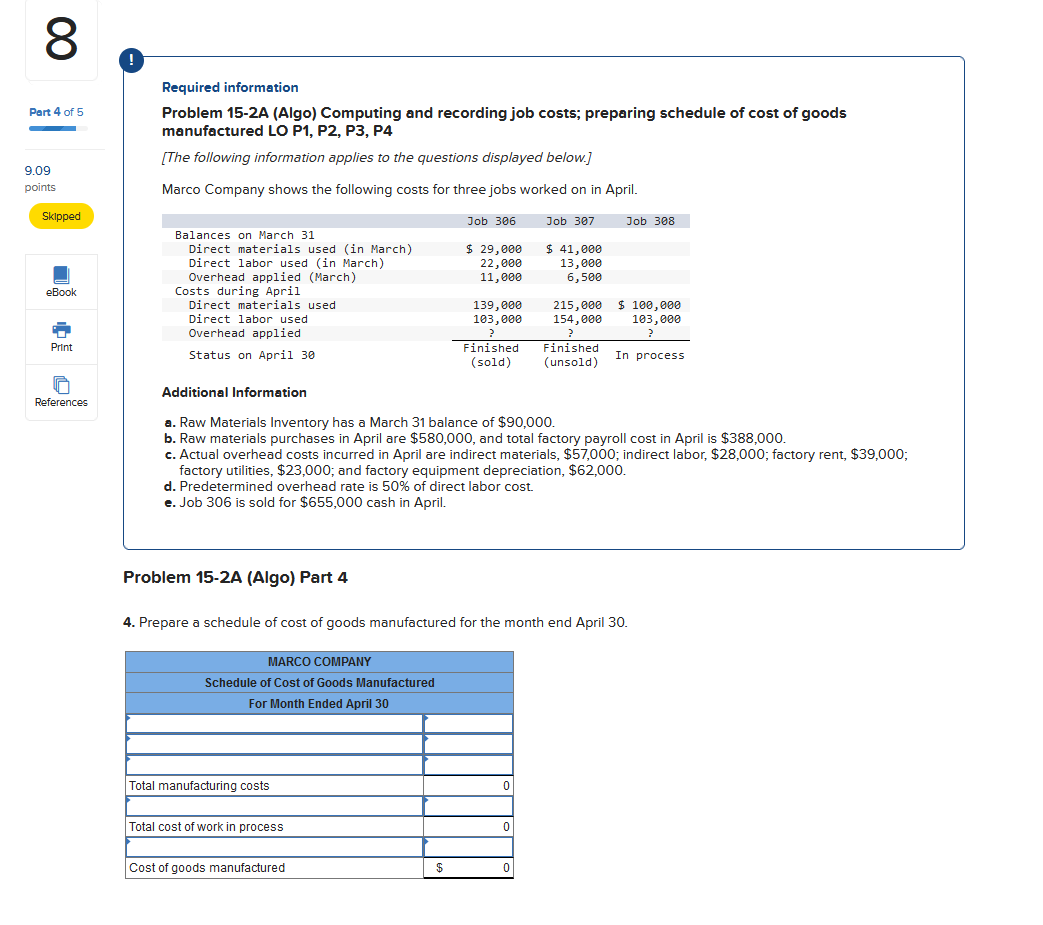 recording job costs; preparing schedule of cost of goods manufactured LO P1,