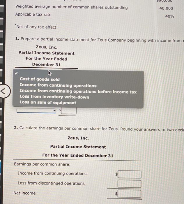 reports the following for the current year: Income from continuing operations before
