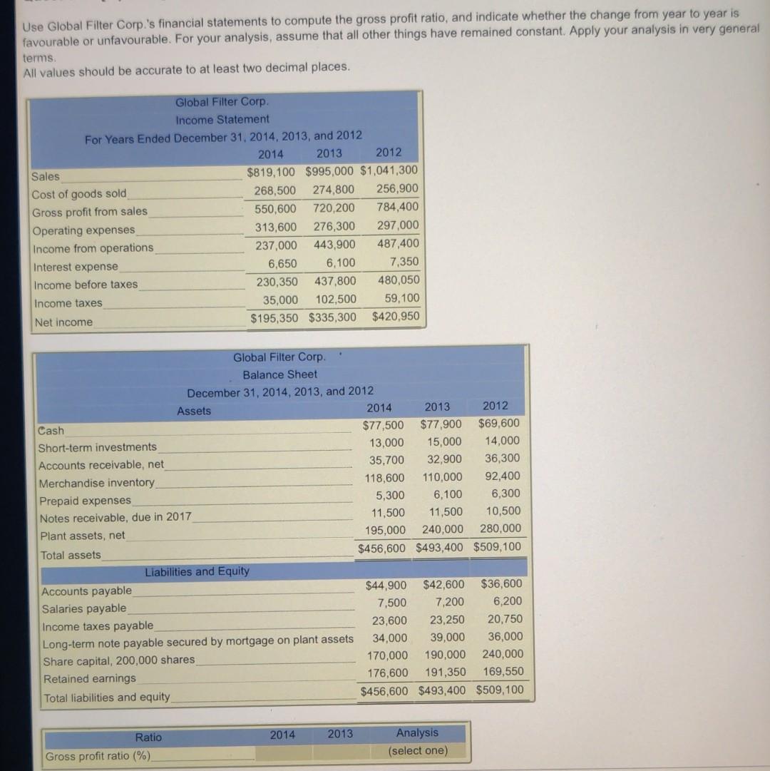 please answer Use Global Filter Corp.'s financial statements to compute the gross