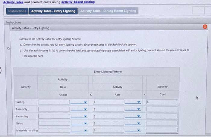product costs using activity-based costing Instructions Activity Table - Entry Lighting Activity