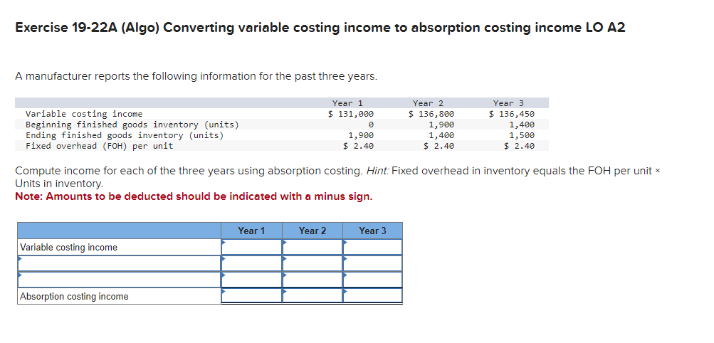  Exercise 19-22A (Algo) Converting variable costing income to absorption costing income