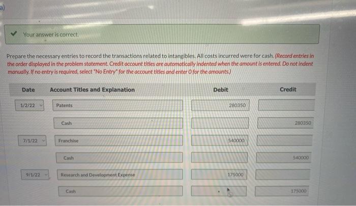 Patent $ Franchise $ b) Your answer is correct. Make an entry
