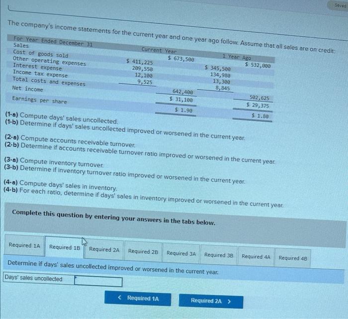 the current year and one year ago, compute the following ratios: The