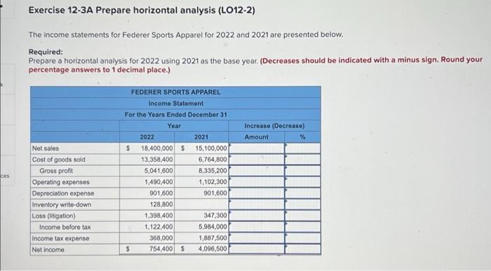 please help i cant understsnd Exercise 12-3A Prepare horizontal analysis (L012-2) The