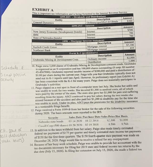 the 2020 Individual Tax Return Problem for Paige Turner. (Instructions for the