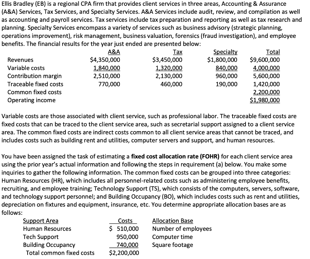  allocate the support costs to the client services areas using direct