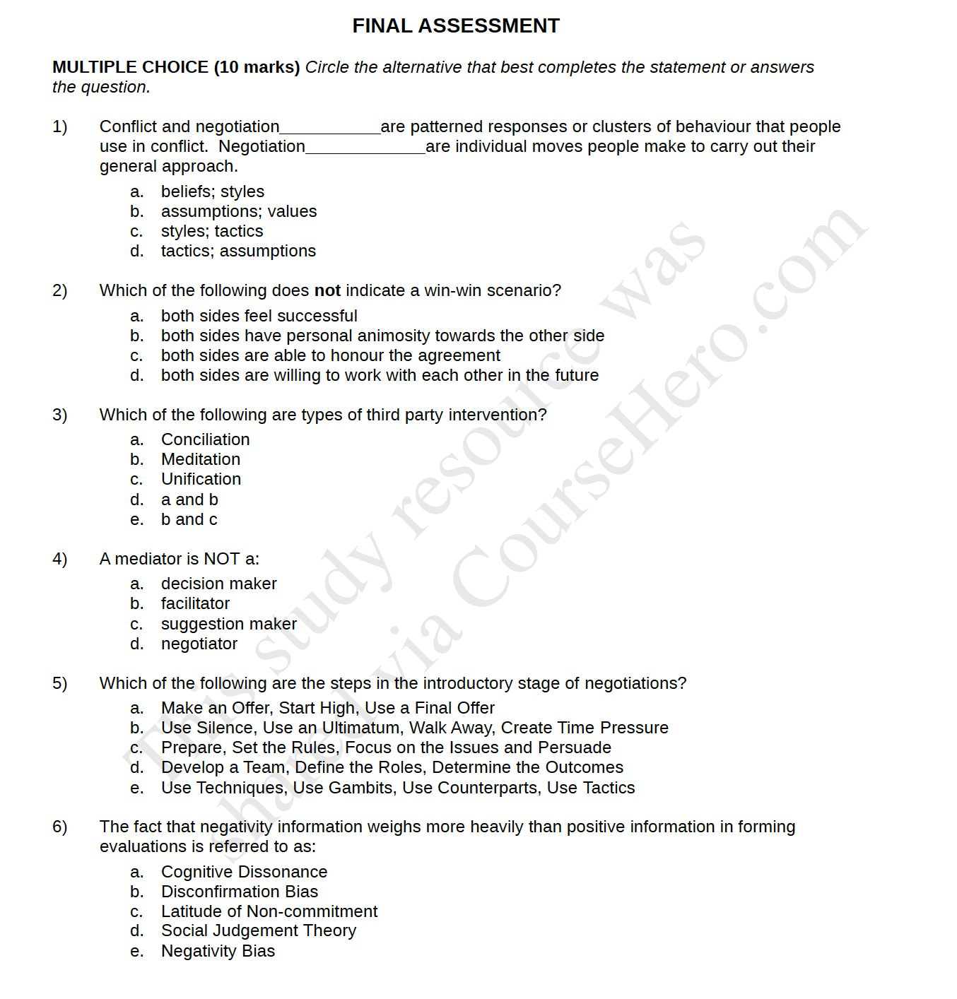 FINAL ASSESSMENT MULTIPLE CHOICE (10 marks) Circle the alternative that best