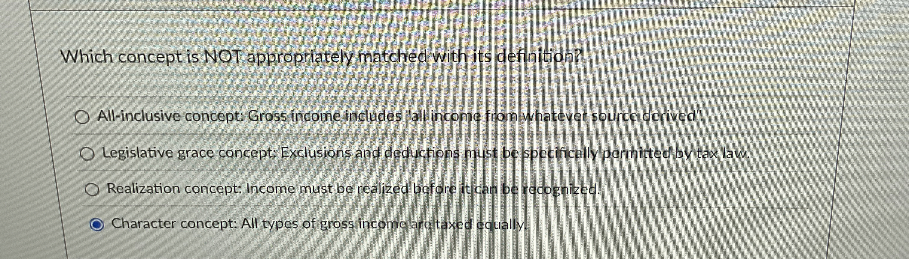  Which concept is NOT appropriately matched with its definition? All-inclusive concept: