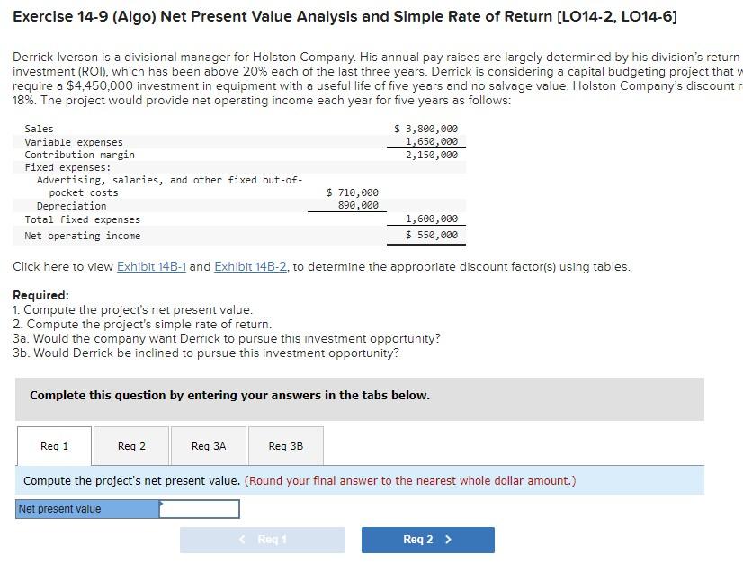 Exercise 14-9 (Algo) Net Present Value Analysis and Simple Rate of Return