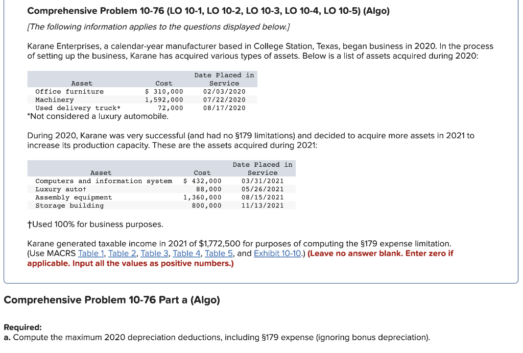 answers A,B,C,D Comprehensive Problem 10-76 (LO 10-1, LO 10-2, LO 10-3, LO
