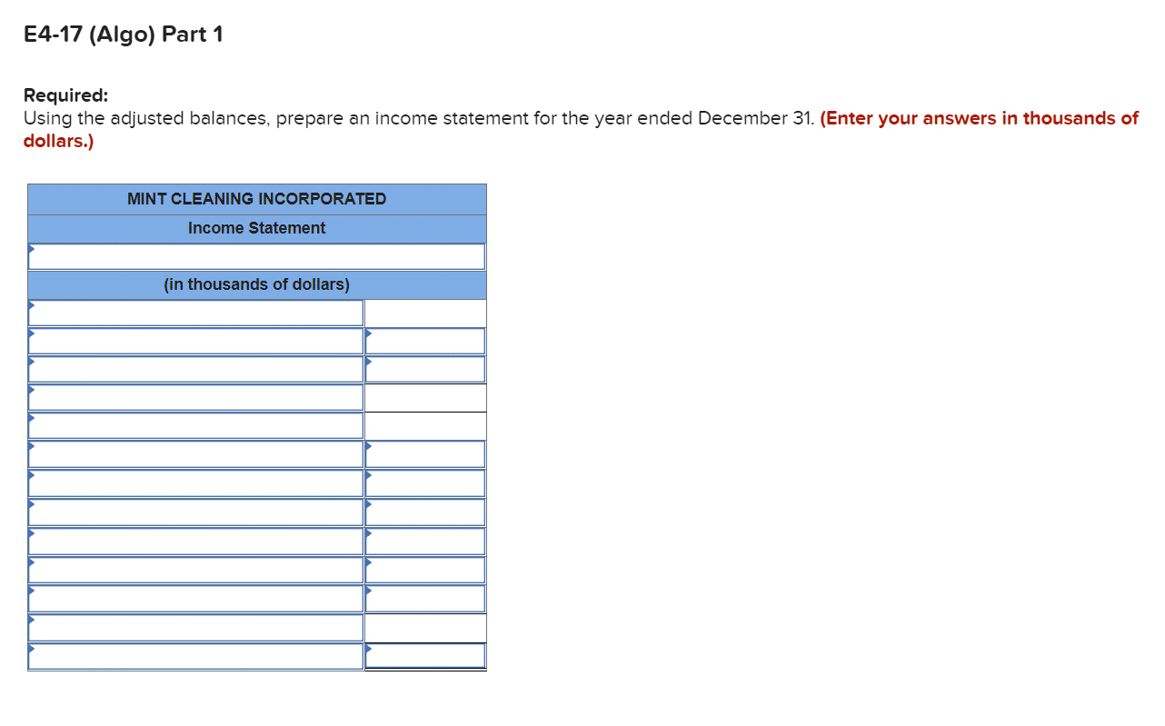 following information applies to the questions displayed below.] Mint Cleaning Incorporated prepared