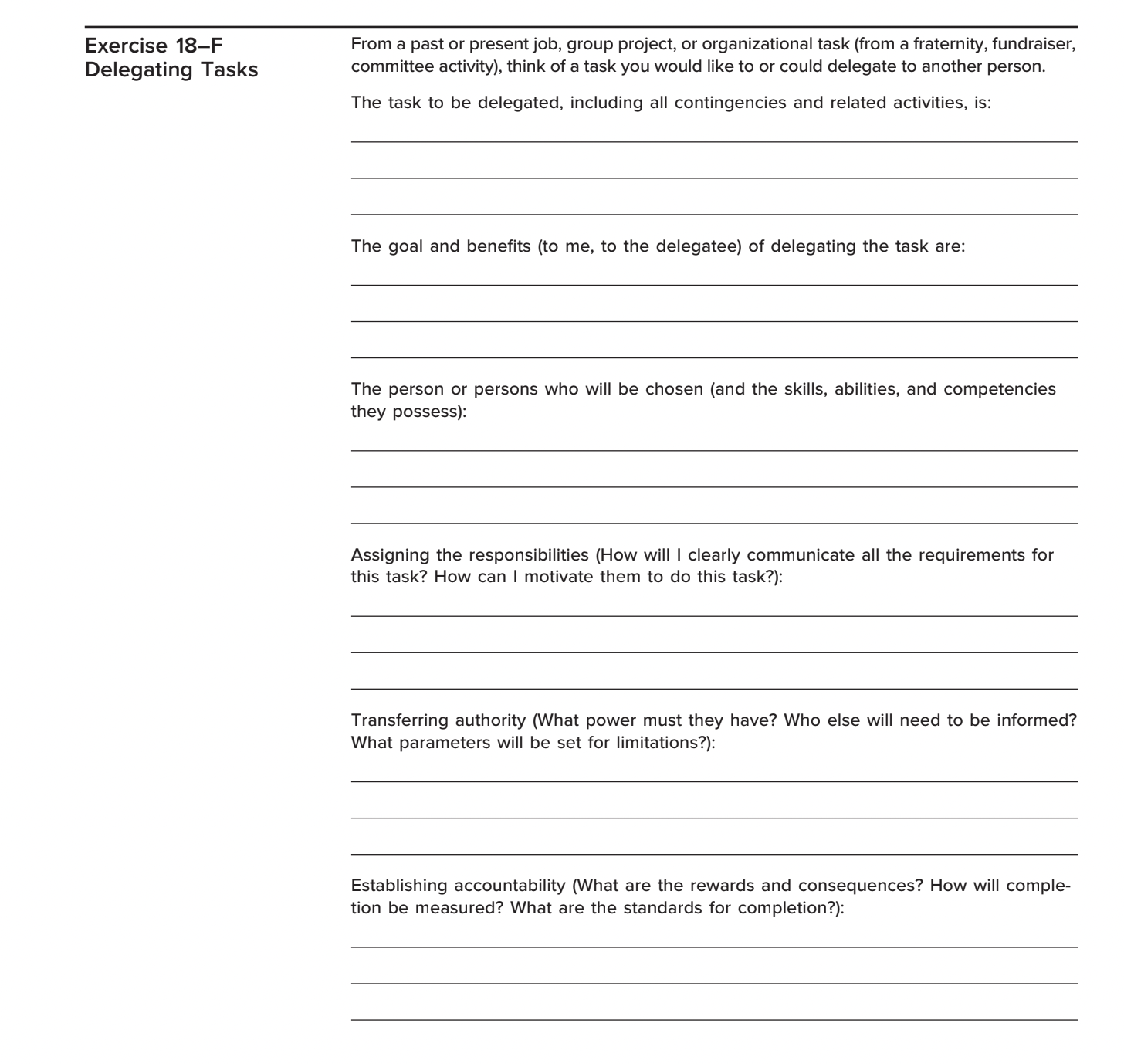  Exercise 18-F Delegating Tasks From a past or present job. group