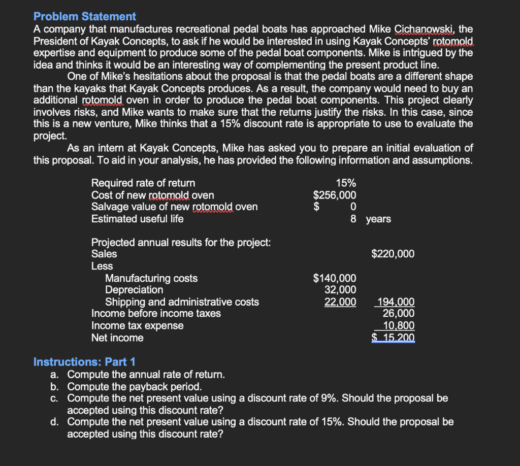 please use EXCEL and show the formulas Problem Statement A company that