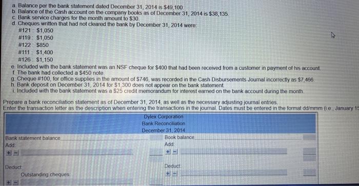 question 2 a. Balance per the bank statement dated December 31,2014 is